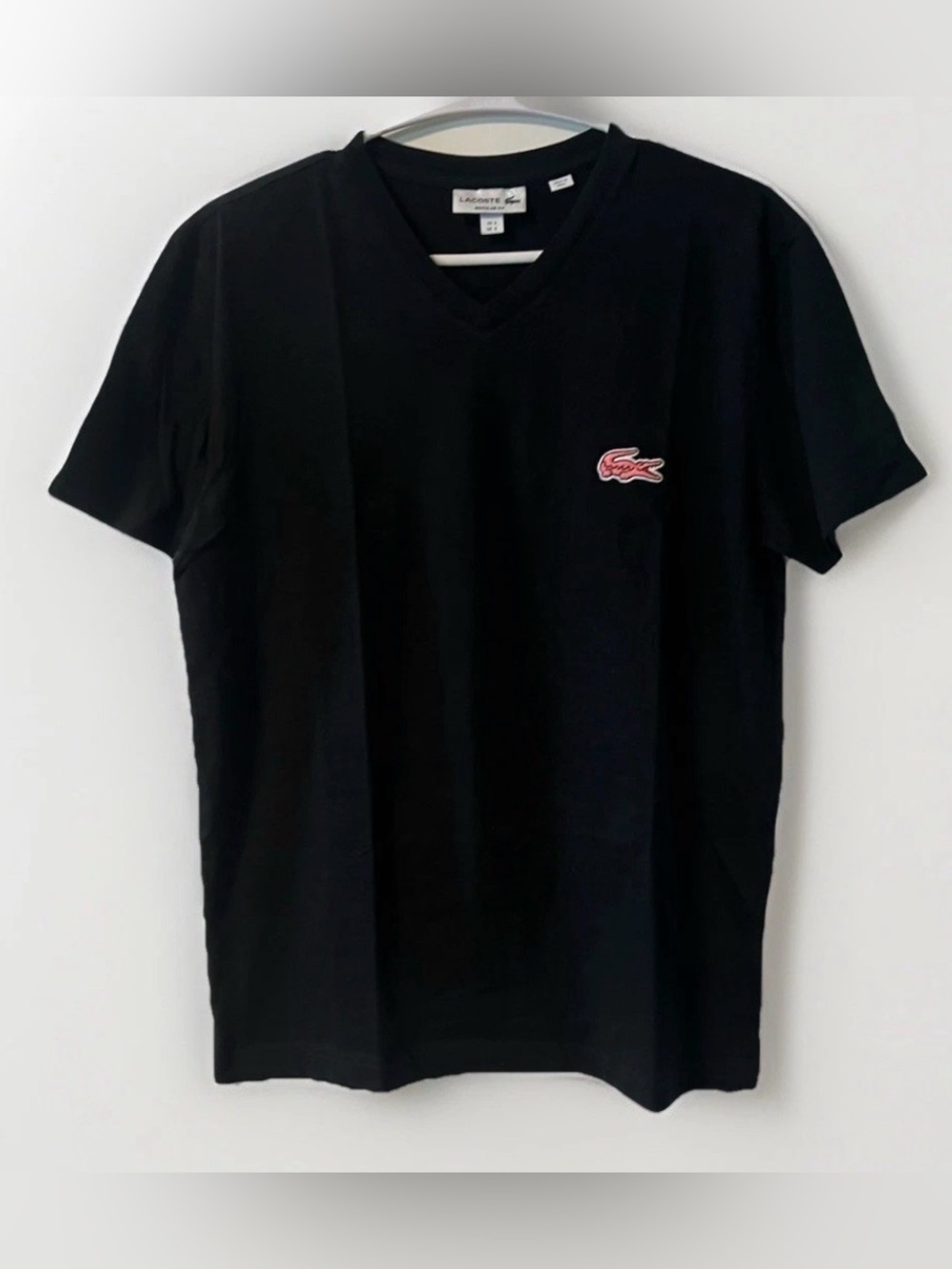 Lacoste Black V-Neck T-Shirt with Red Crocodile Patch